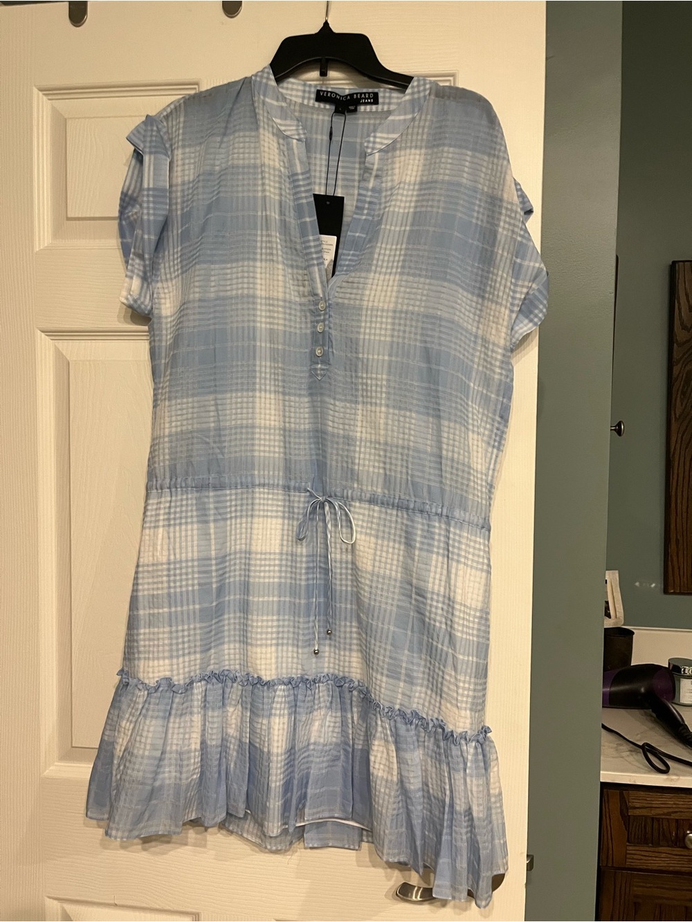 Veronica Beard Light Blue and White Plaid Mini Dress